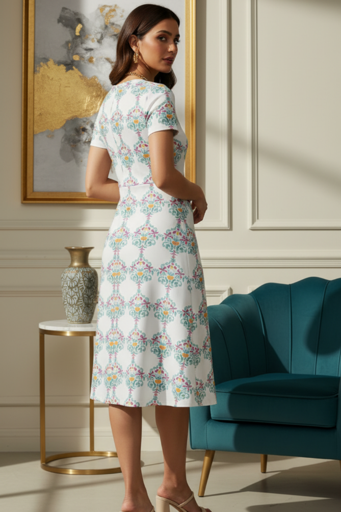 Woman in a Zingleberry premium A-line multicolour floral printed midi dress standing in a side view pose in a stylish room with a teal sofa and gold side table.