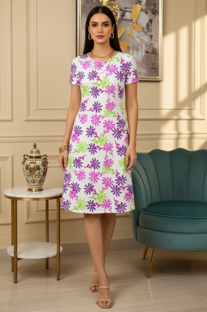 Woman wearing a fZingleberry Premium A-Line White Floral Dress – Front View featuring purple and green flower print standing in a room with a teal chair and decorative items.