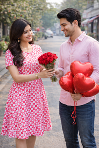 Close-up of woman holding red rose bouquet while wearing Zingleberry premium pink heart print A-line midi Valentine dress