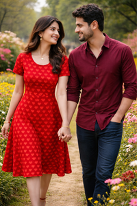 Couple walking hand in hand with woman wearing Zingleberry premium red heart print A-line midi dress, ideal Valentine date outfit