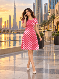 Model wearing Zingleberry women's Crimson Heart Romance A-line dress featuring an all-over red and pink heart check pattern, short sleeves and a gently flared knee-length hem against a luxury Dubai skyline.