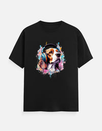 Front view of Zingleberry Premium Unisex Classic Crew black graphic T-shirt featuring a colorful dog wearing headphones print on premium cotton fabric.