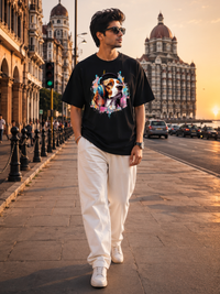 Male model wearing Zingleberry Premium Unisex Classic Crew Music Dog black graphic T-shirt paired with white trousers in a modern urban fashion photoshoot.