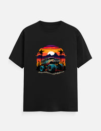 Front view of Zingleberry Premium Unisex Classic Crew black graphic T-shirt featuring a colorful off-road truck and sunset landscape print on premium cotton fabric.
