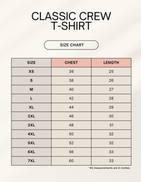Zingleberry Premium Unisex Classic Crew T-Shirt size chart showing chest and length measurements from XS to 7XL in inches for the perfect fit.
