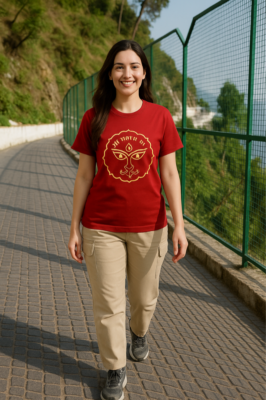 Zingleberry Premium Unisex Durga Maa T-shirt in red cotton with golden goddess face graphic and Maa Durga text, modeled outdoors in casual style