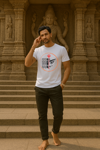 Man wearing a Zingleberry Premium Unisex Jai Mata Di T-shirt in white cotton with Durga Maa face, trishul, and Jai Mata Di typography, modeled outdoors at temple 