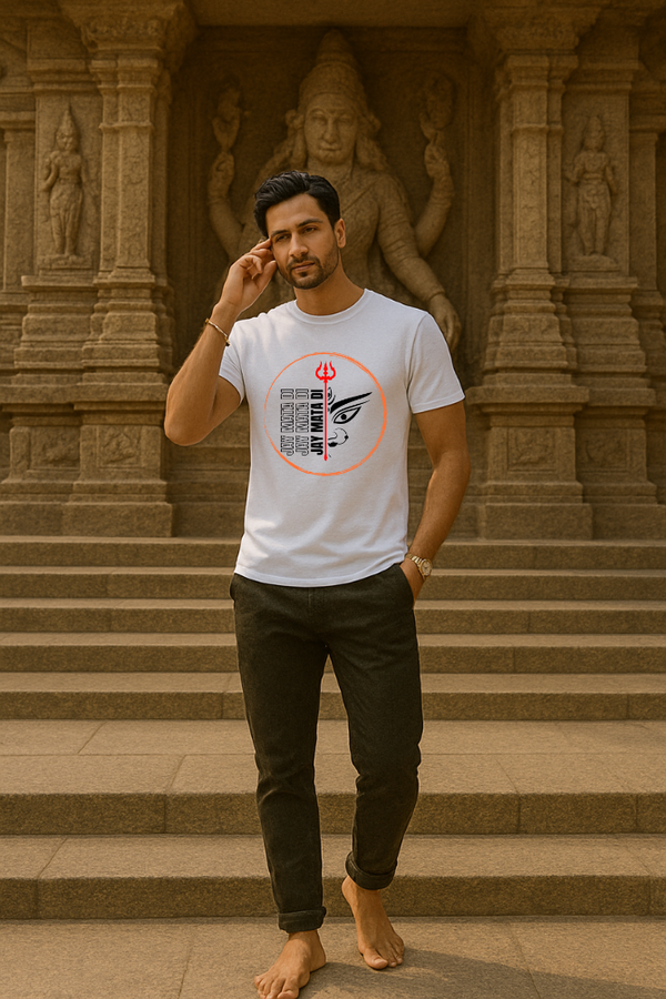 Man wearing a Zingleberry Premium Unisex Jai Mata Di T-shirt in white cotton with Durga Maa face, trishul, and Jai Mata Di typography, modeled outdoors at temple 