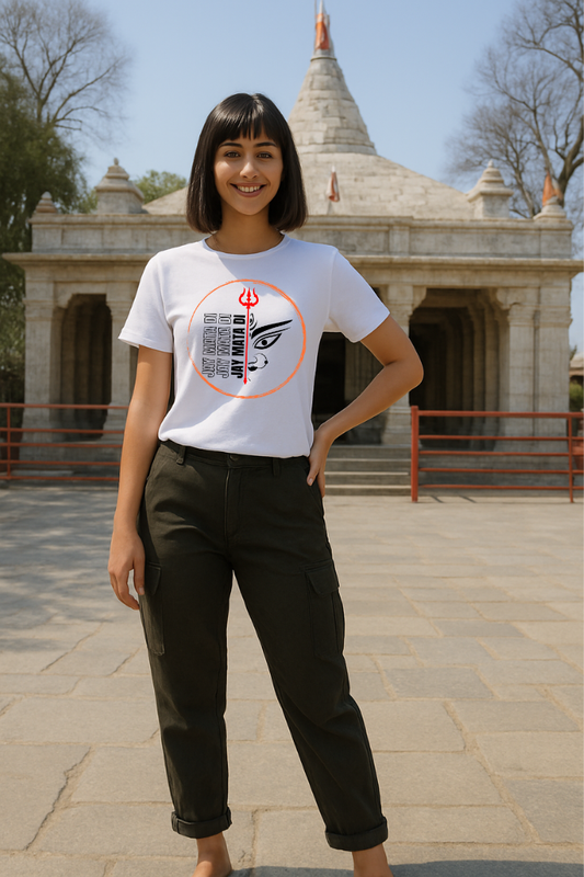 Zingleberry Premium Unisex Jai Mata Di T-shirt in white cotton with Durga Maa face, trishul, and Jai Mata Di typography, modeled outdoors at temple