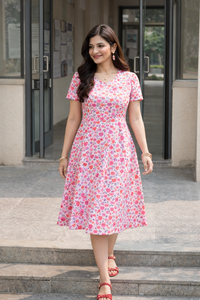 Full view of Zingleberry premium Valentine A-line midi dress for women featuring heart print, round neck and short sleeves