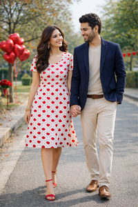 Couple walking hand in hand with woman wearing Zingleberry premium heart print A-line midi dress, ideal Valentine outfit for women