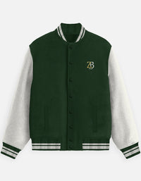 Flat lay of Zingleberry's premium unisex forest green varsity hoodie jacket with off-white sleeves, featuring snap buttons and a gold ZB chest logo.