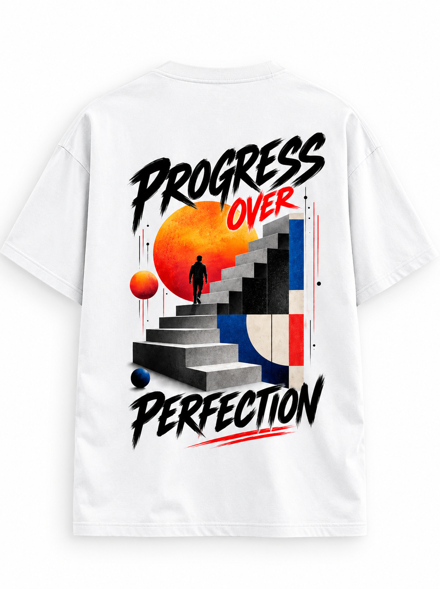 Zingleberry Progress Over Perfection white unisex oversized T-shirt back featuring architectural staircase artwork, orange-red sun, geometric shapes and bold motivational typography.