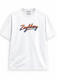 Zingleberry Progress Over Perfection white premium unisex oversized T-shirt front featuring multicolour Zingleberry signature logo on 100% cotton fabric.