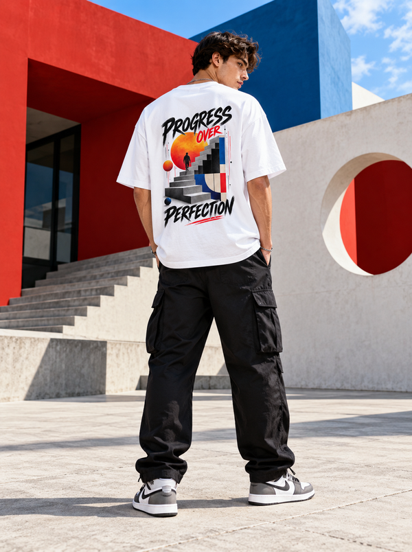 Male model wearing Zingleberry Progress Over Perfection white oversized T-shirt with large architectural motivational back graphic, black cargo trousers and sneakers.