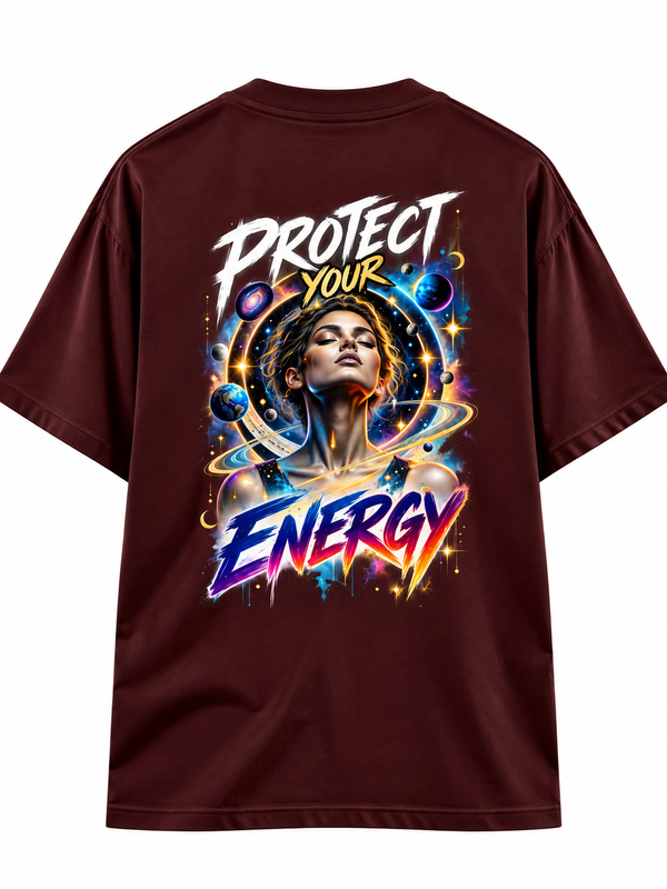 Zingleberry Protect Your Energy burgundy unisex oversized T-shirt back featuring celestial feminine portrait, golden planetary rings, electric-blue cosmic artwork and bold energy typography.