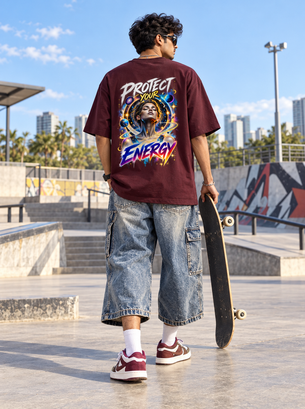 Male model wearing Zingleberry Protect Your Energy burgundy oversized T-shirt with large cosmic energy artwork on the back, baggy denim shorts and sneakers at a modern skatepark.