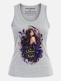 Zingleberry Queen of the Night women’s grey cotton tank top featuring a celestial queen, crescent moon, purple roses and butterfly graphic print.