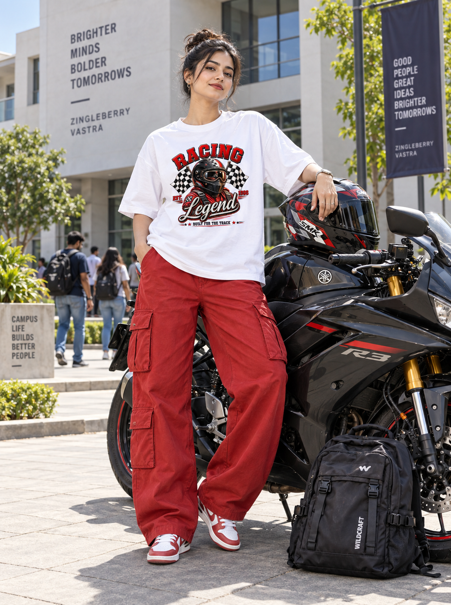 Female model wearing Zingleberry Racing Legend white oversized racing graphic T-shirt with red cargo pants beside a sport motorcycle on a college campus.