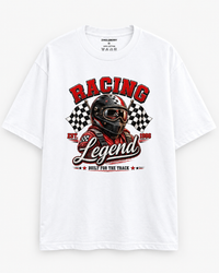 Zingleberry Racing Legend white oversized cotton T-shirt featuring helmeted racing rider, red Racing Legend typography and black-and-white chequered flags.