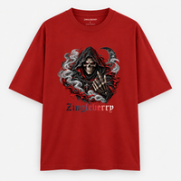 Zingleberry Reaper Rock red oversized unisex cotton T-shirt featuring hooded skeletal reaper, crescent moon and smoke gothic graphic.