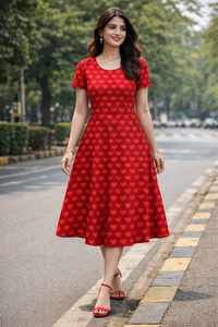 Woman wearing Zingleberry premium red heart print A-line midi dress for Valentine season, walking outdoors in a romantic look