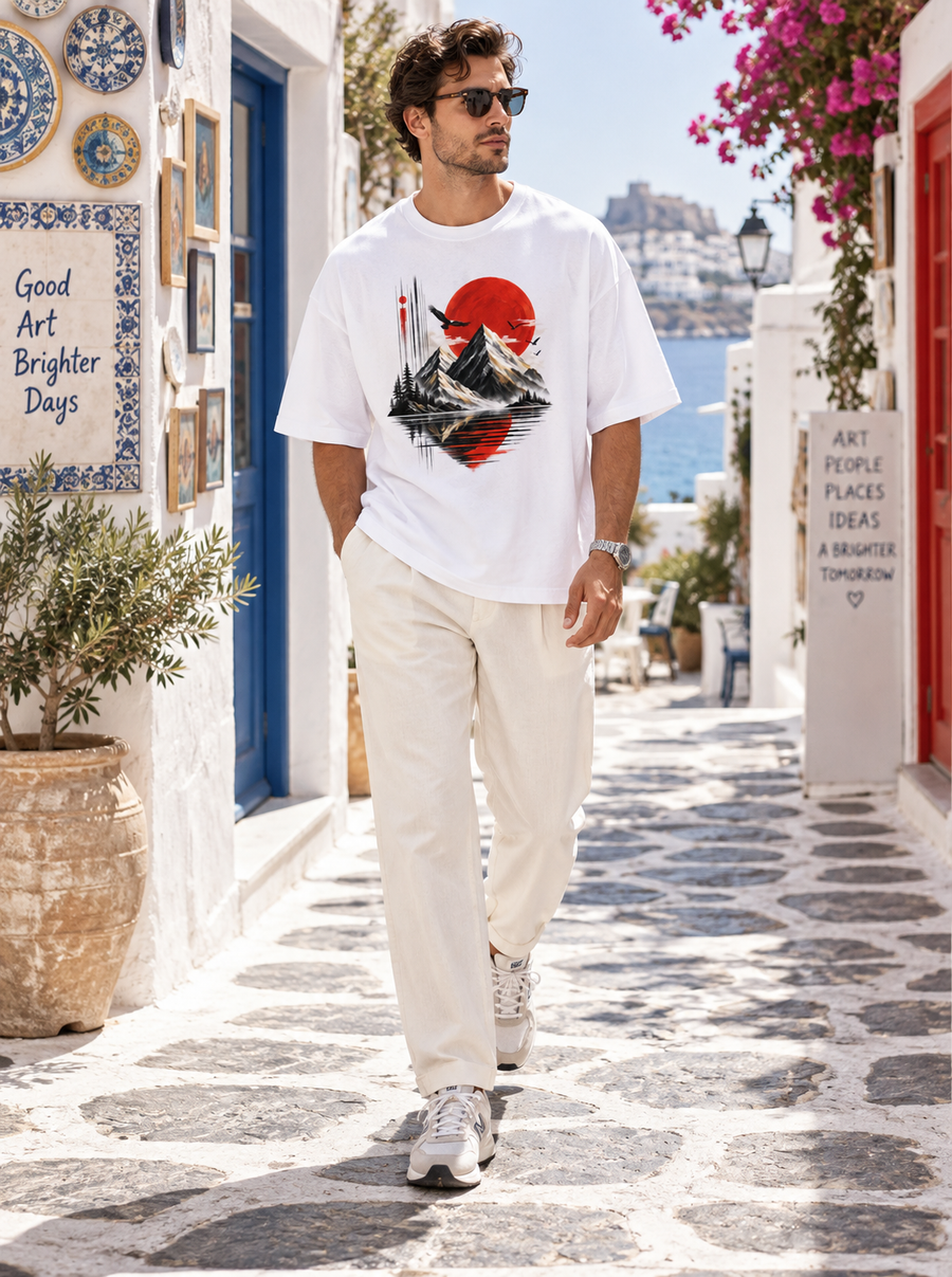 Male model wearing Zingleberry white oversized Red Sun Mountain landscape graphic T-shirt with off-white trousers.