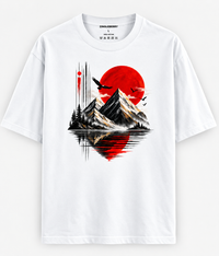 Zingleberry white oversized premium cotton T-shirt featuring a red sun, mountain landscape, pine trees, birds and water reflection graphic.