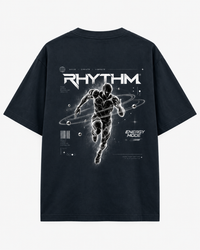 Zingleberry Rhythm Energy Mode black oversized T-shirt back featuring futuristic running figure, orbital rings and monochrome cosmic artwork