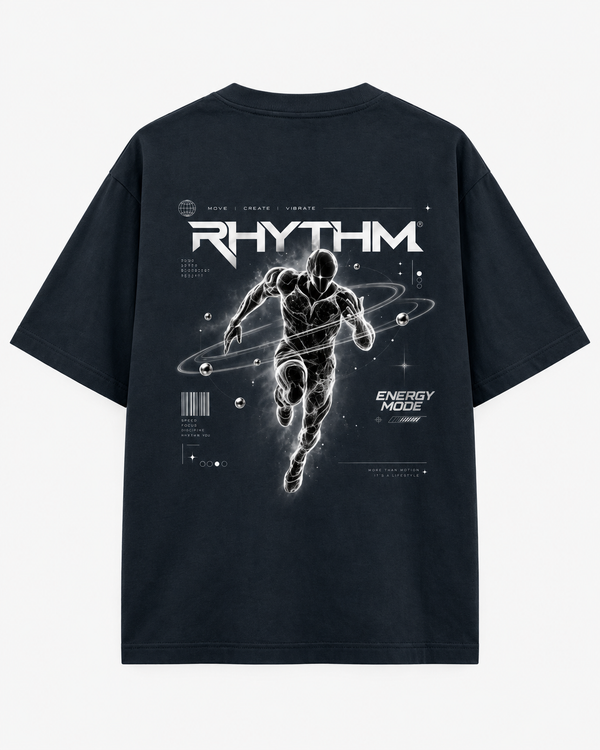 Zingleberry Rhythm Energy Mode black oversized T-shirt back featuring futuristic running figure, orbital rings and monochrome cosmic artwork