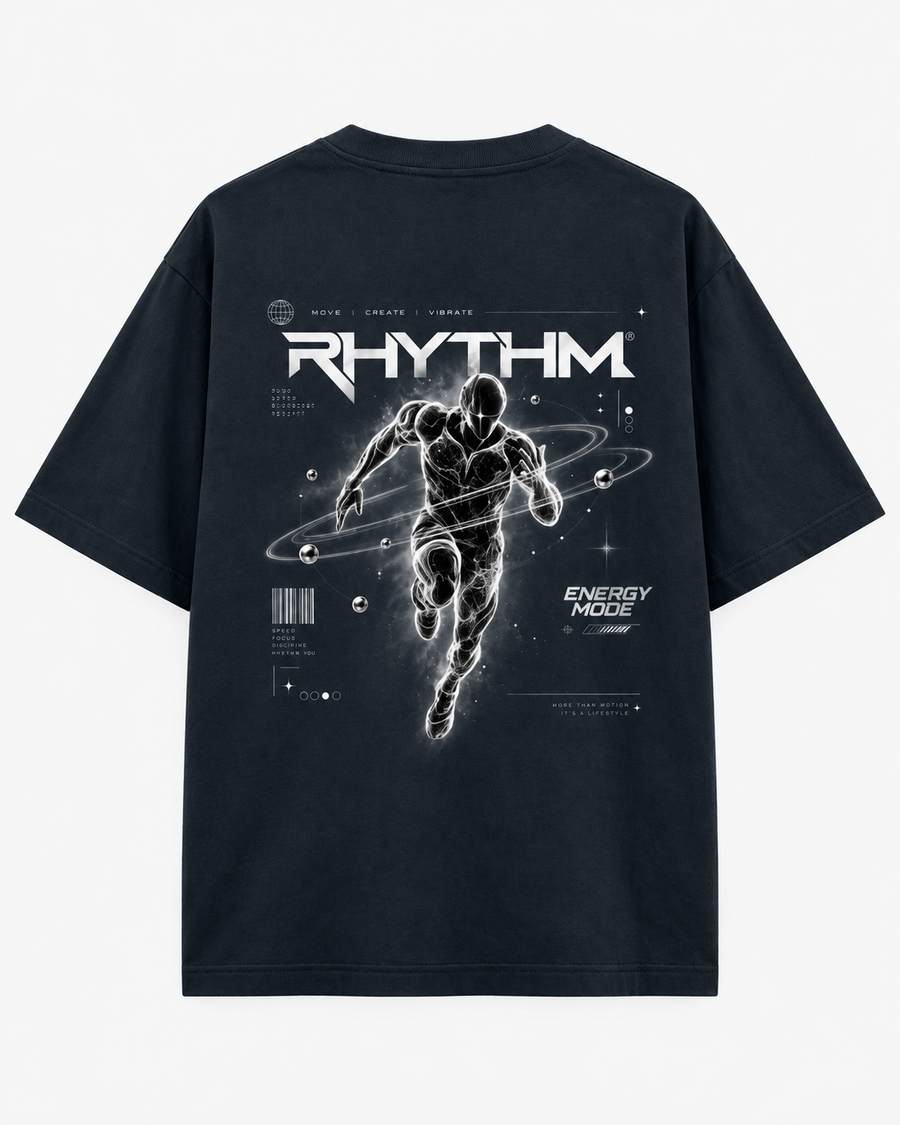 Zingleberry Rhythm Energy Mode black oversized T-shirt back featuring futuristic running figure, orbital rings and monochrome cosmic artwork