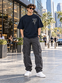 Male model wearing Zingleberry Rhythm Energy Mode black oversized T-shirt with charcoal cargo trousers and white sneakers