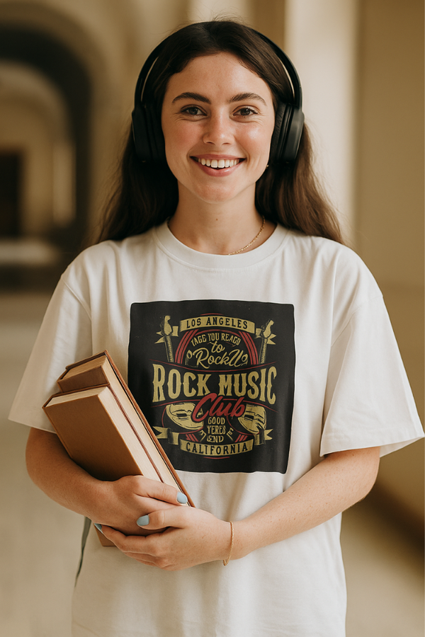 Young woman wearing white Zingleberry Rock Music Club unisex oversized t-shirt with vintage California design and headphones – music-themed casual streetwear