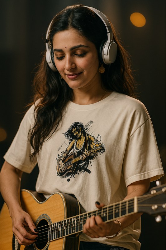 Woman playing guitar wearing Zingleberry Rockstar Vibes beige oversized unisex music t-shirt with headphones – music lover fashion look
