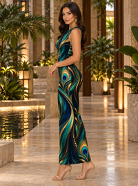 Side view of Zingleberry women's premium peacock feather printed bodycon maxi dress featuring navy blue, teal, emerald and golden flowing patterns.