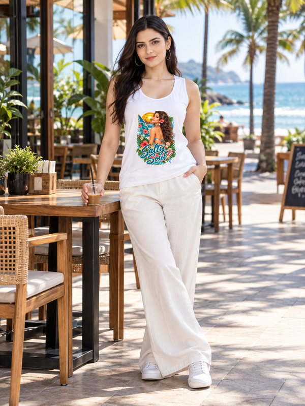 Zingleberry Salty Soul women’s white cotton tank top with tropical beach graphic front view