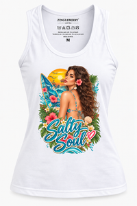 Zingleberry Salty Soul women’s white cotton tank top with beach muse and surf graphic product mockup