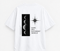 Zingleberry Same Sky Different World white unisex oversized T-shirt with A4 celestial moon graphic back print.