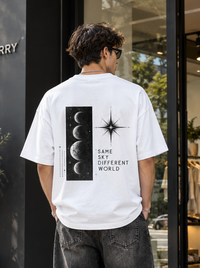 Back view of male model wearing Zingleberry white oversized T-shirt featuring Same Sky Different World celestial moon graphic print.