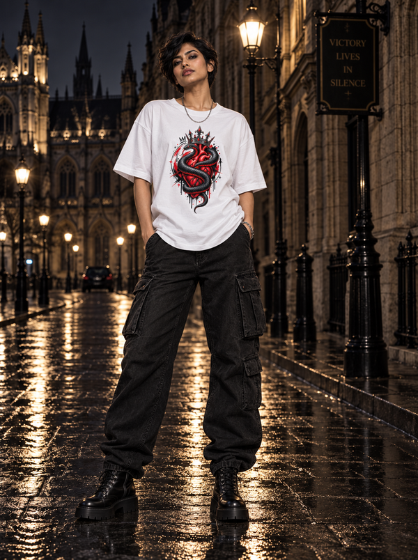 Female model wearing Zingleberry Serpent Crown white oversized snake and heart graphic T-shirt with black baggy cargo pants and combat boots on a Gothic night street.