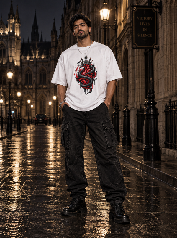 Male model wearing Zingleberry Serpent Crown white oversized gothic graphic T-shirt with black cargo pants and boots on a dramatic Gothic-style night street.