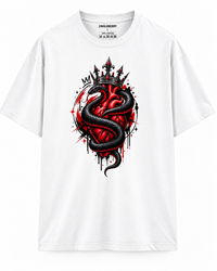 Zingleberry Serpent Crown white oversized cotton T-shirt featuring a black serpent wrapped around a red anatomical heart with gothic crown artwork.