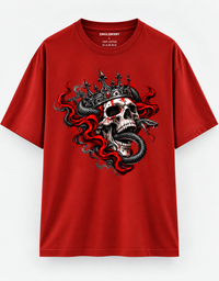 Zingleberry Serpent King red oversized unisex 100% cotton T-shirt featuring crowned skull and black serpent gothic artwork.