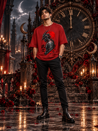 Male model wearing Zingleberry Shadow Samurai red unisex oversized Japanese warrior T-shirt with black trousers and boots.