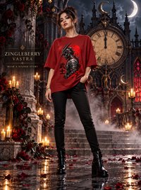 Female model wearing Zingleberry Shadow Samurai red unisex oversized Gothic warrior T-shirt styled with black trousers and boots.