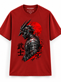 Zingleberry Shadow Samurai red unisex oversized Gothic T-shirt featuring black silver and crimson Japanese warrior artwork.