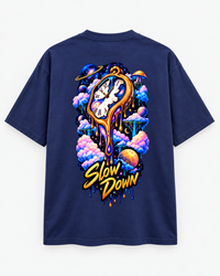 Zingleberry Slow Down Cosmic Clock navy blue oversized T-shirt with colourful melting clock and space graphic back print.