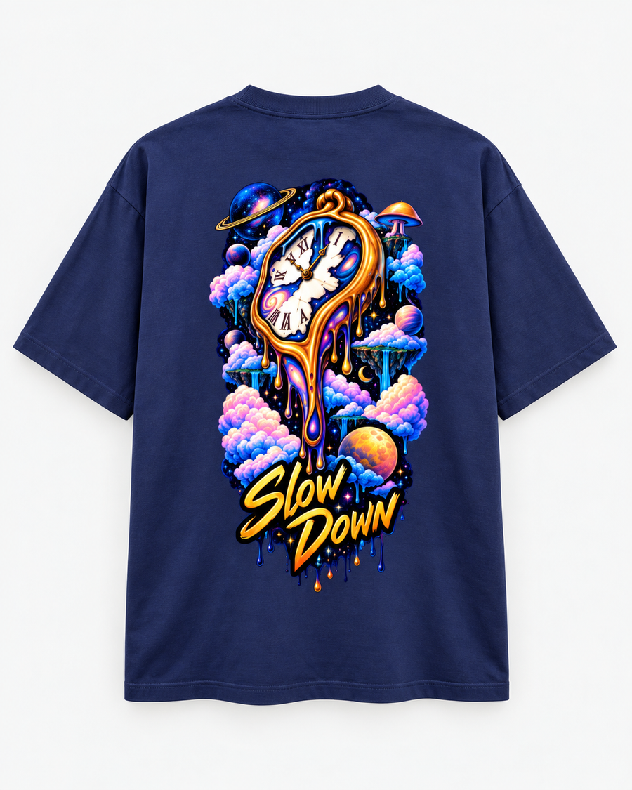 Zingleberry Slow Down Cosmic Clock navy blue oversized T-shirt with colourful melting clock and space graphic back print.
