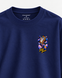 Zingleberry Slow Down navy blue unisex oversized T-shirt with 3 x 3 inch cosmic clock left chest graphic.