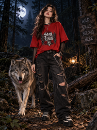 Female model wearing Zingleberry Stay Wild red oversized cotton T-shirt with distressed black jeans in gothic streetwear style